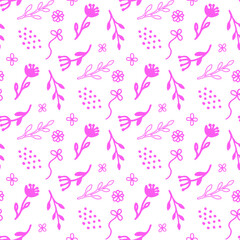 White seamless pattern with pink hand-drawn decorative elements