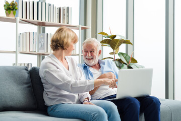 Elderly couple sitting and using laptop with happy and romantic emotion.