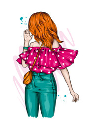 Beautiful girl in a stylish top and jeans. Vector illustration. Fashion and style, clothing and accessories. - 467102736