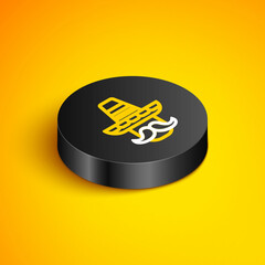 Isometric line Mexican man wearing sombrero icon isolated on yellow background. Hispanic man with a mustache. Black circle button. Vector