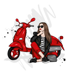 Beautiful girl in stylish clothes and a vintage moped. Fashion and style, clothing and accessories. Vector illustration.
- 467102751