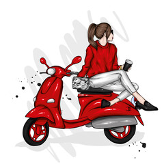 Beautiful girl in stylish clothes and a vintage moped. Fashion and style, clothing and accessories. Vector illustration. 
