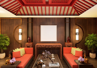 3D illustration Mockup photo frame in living room rendering