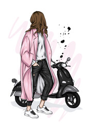 Fototapeta na wymiar Beautiful girl in stylish clothes and a vintage moped. Fashion and style, clothing and accessories. Vector illustration. 