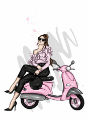 Fototapeta na wymiar Beautiful girl in stylish clothes and a vintage moped. Fashion and style, clothing and accessories. Vector illustration. 