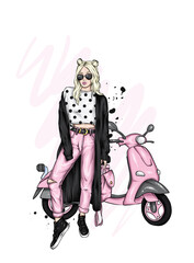 Beautiful girl in stylish clothes and a vintage moped. Fashion and style, clothing and accessories. Vector illustration.
- 467102782