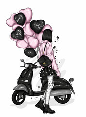 Beautiful girl in stylish clothes and a vintage moped. Fashion and style, clothing and accessories. Vector illustration. 
