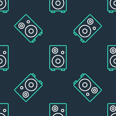 Line Stereo speaker icon isolated seamless pattern on black background. Sound system speakers. Music icon. Musical column speaker bass equipment. Vector