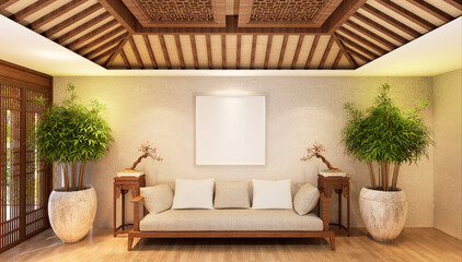 3D illustration Mockup photo frame in lounge rendering