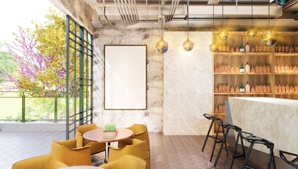 3D illustration Mockup photo frame in lounge rendering