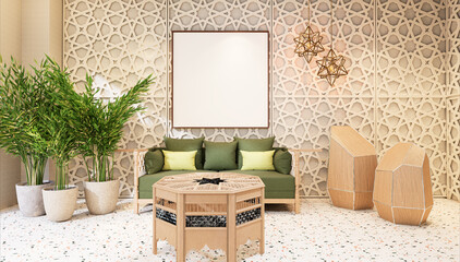 3D illustration Mockup photo frame in lounge rendering