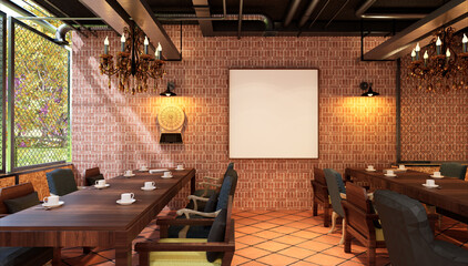 3D illustration Mockup photo frame in restaurant rendering