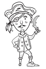 Funny Pirate Holds the Saber in His Hand. Captain of a Pirate Ship. Hand Drawn Cute Jolly Roger, Vector Coloring Cartoon illustration