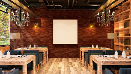 3D illustration Mockup photo frame in restaurant rendering