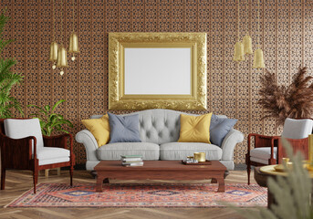 3D illustration Mockup photo frame in lounge rendering