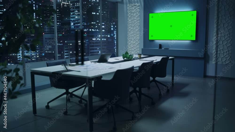 Aufkleber modern empty meeting room with big conference table with various documents and laptop on it. wall tv
