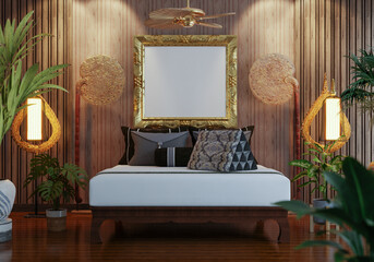 3D illustration Mockup photo frame in bedroom rendering