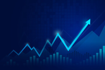 arrows and candlestick chart business of stock market trading on blue background bullish point up trend chart Economic vector design. blue background