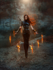 Fantasy fighting woman assassin in levitation soars in air with burning daggers. Red-haired girl warrior in black leather costume. ninja soldier with knives, fire magic. Hair fluttering fly in wind