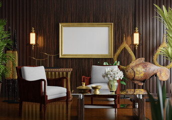 3D illustration Mockup photo frame in living room rendering