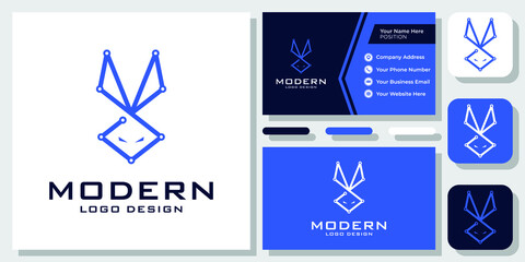 Rabbit Technology Digital Bunny Head Network Connect Modern Logo Design with Business Card Template