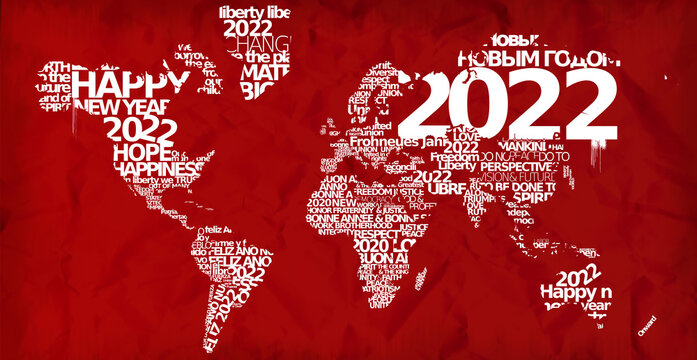 Bonne Année 2022 nuage de mots tag cloud happy new year texte voeux jour de l'an carte du monde