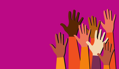 Fototapeta premium Hands of people with different skin colors, different nationalities and religions. Community activists fight for equal rights. Modern poster of voting people. 