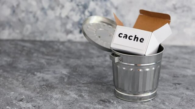 online privacy and stored information, metaphor of box with Cache label next to recycle bin
