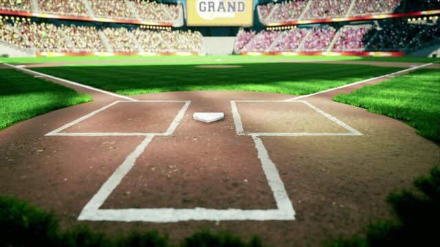 empty stadium arena with animated fans crowd in the sunny day lights. waving flags around. High quality 4k footage render