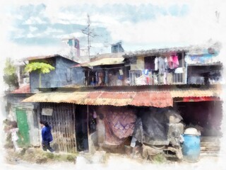house in the slum watercolor style illustration impressionist painting.