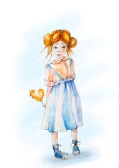 Obraz na płótnie Canvas Cute baby girl in blue dress with lollipop