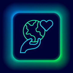 Glowing neon line Human hand holding Earth globe icon isolated on black background. Save earth concept. Colorful outline concept. Vector
