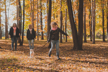 Grandmother and mother with granddaughter walks together in autumn park and having fun. Generation, leisure and family concept.