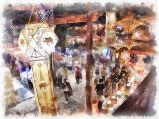 Night market in Thailand watercolor style illustration impressionist painting.