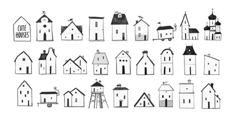Collection of simple doodle houses on white background.