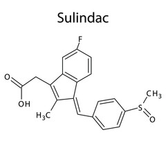 Sulindac molecular structure, flat skeletal chemical formula. NSAID drug used to treat rheumatoid arthritis, osteoarthritis, acute gouty arthritis, ankylosing spondylitis, musculoskeletal, tendinitis,