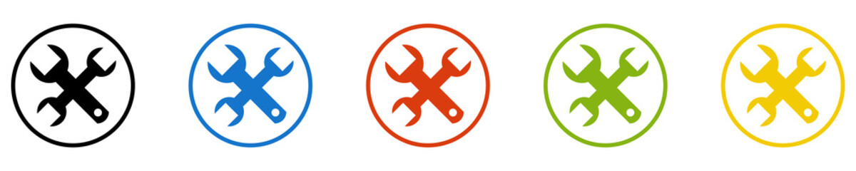 Bunter Banner mit 5 farbigen Icons: Werkzeug, Werkstatt, Reparatur, Service oder Wartung