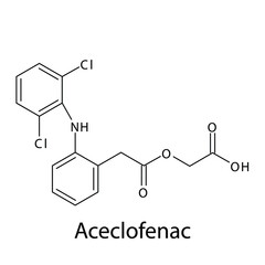 Aceclofenac molecular structure, flat skeletal chemical formula. NSAID drug used to treat osteoarthritis, pain, rheumatoid arthritis, ankylosing spondylitis. Vector illustration.