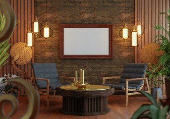 3D illustration Mockup photo frame in lounge rendering