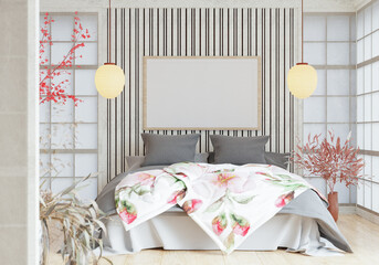3D illustration mockup frame in japanese style bedroom