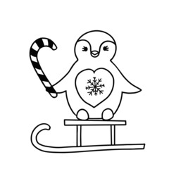 penguin on sled with candy doodle Vector Illustration for printing, backgrounds, covers, packaging, greeting cards, posters, stickers, textile, seasonal design. Isolated on white background.