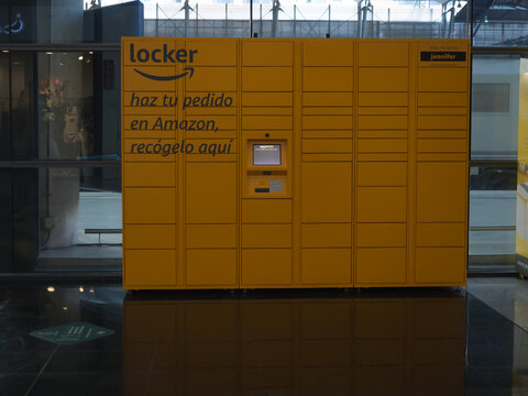 Malaga, Spain: October-20-2021. Amazon collection point at Mar&iacute;a Zambrano station