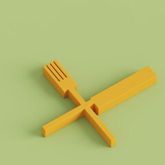 3d rendered voxel yellow fork and knife symbol on green background for food industry.