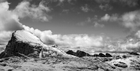 First snow on dolomites,  walking on altopiano della rosetta