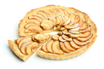 Sliced apple pie isolated on white background