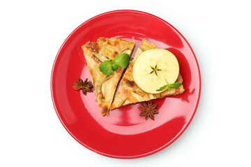 Apple pie in plate isolated on white background