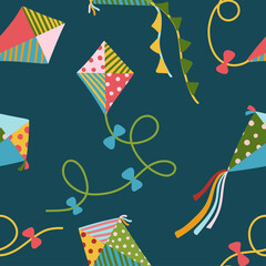 Obraz premium Flying kites seamless vector pattern. Summer children's endless background for baby clothes, bedding, wallpaper, scrapbooking. Flat, cartoon texture.