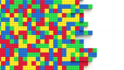Many colorful toy bricks completely filling white background and disappearing. Top view. Seamless loop. 3d rendering - Powered by Adobe