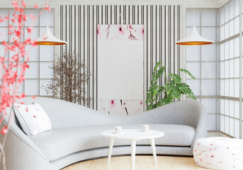 3D illustration mockup frame in japanese style room