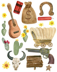 Western style watercolor painting. Gun, cactus, skull, guitar, Wild West